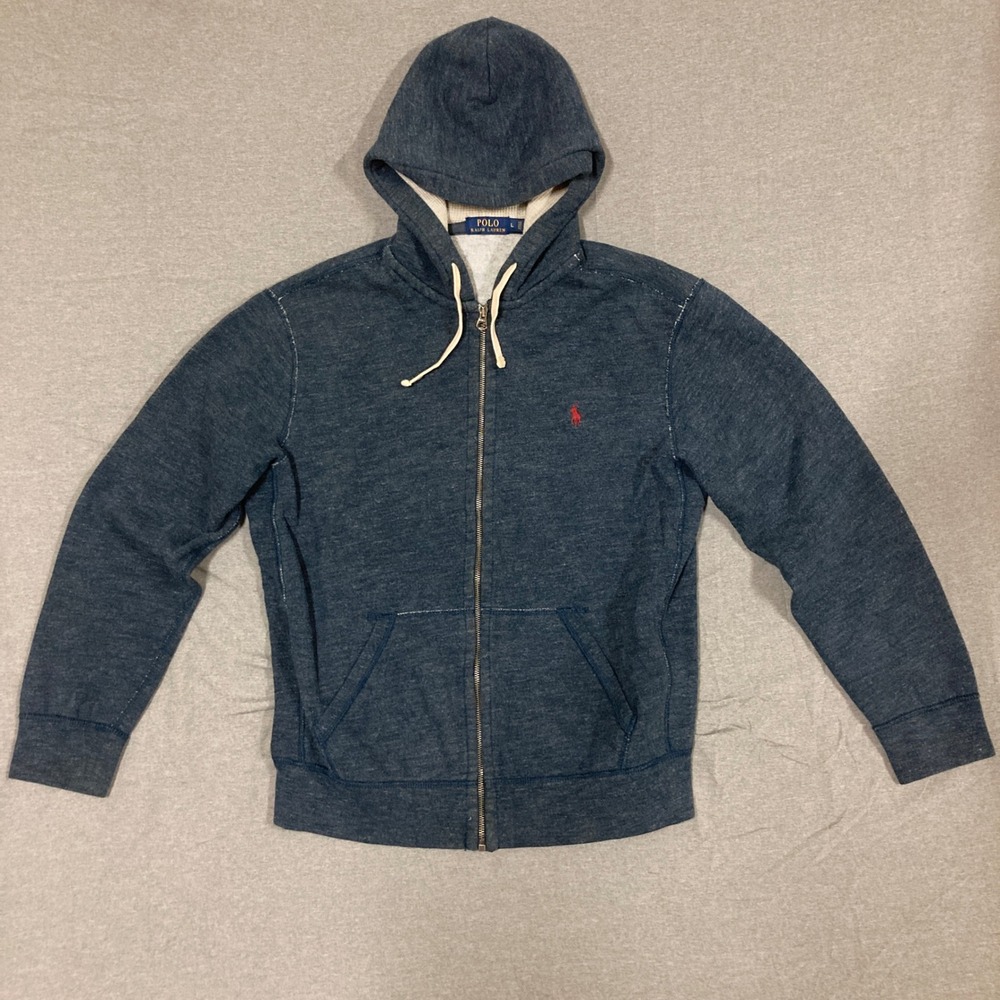 Polo Ralph Lauren Mens Blue Heathered‎ Full Zip Hoodie Sweatshirt Size Large